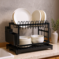 KH-AI 2-Tier Dish Drainer Rack with Drip Tray, Cutlery Holder & Chopping Board Stand – Black - 0
