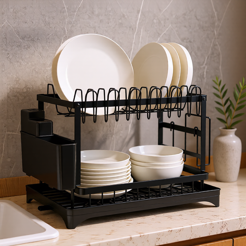 KH-AI 2-Tier Dish Drainer Rack with Drip Tray, Cutlery Holder & Chopping Board Stand – Black - 0
