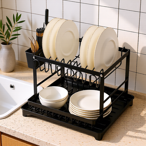 KH-AI 2-Tier Dish Drainer Rack with Drip Tray, Cutlery Holder & Chopping Board Stand – Black - 1