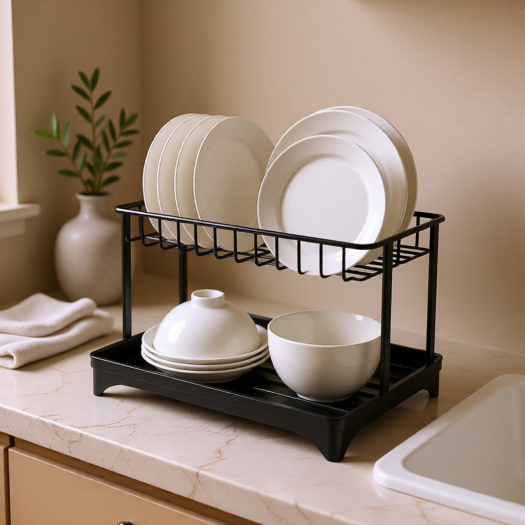 KH-AI 2-Tier Dish Drainer Rack with Drip Tray, Cutlery Holder & Chopping Board Stand – Black - 2
