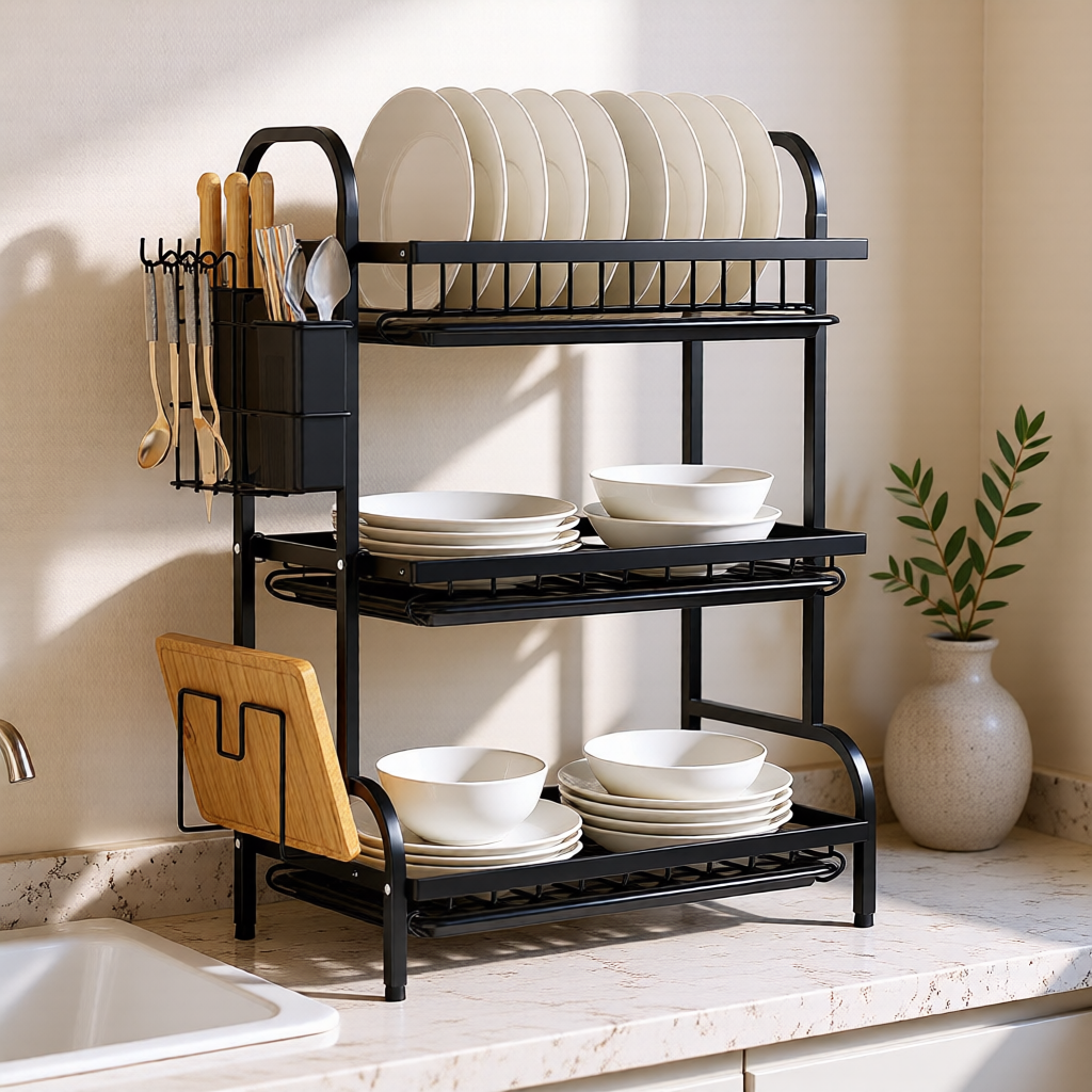 KH-AI 3-Tier Dish Drying Rack with Drip Trays, Utensil & Chopping Board Holder – Black - 0