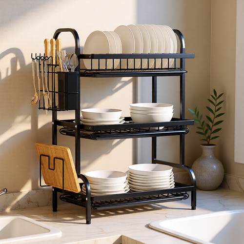 KH-AI 3-Tier Dish Drying Rack with Drip Trays, Utensil & Chopping Board Holder – Black - 1