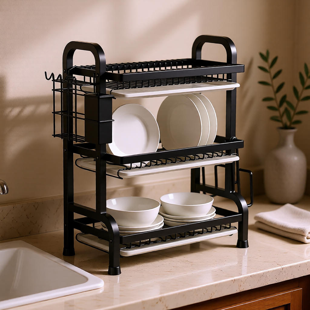 KH-AI 3-Tier Dish Drying Rack with Drip Trays, Utensil & Chopping Board Holder – Black - 2