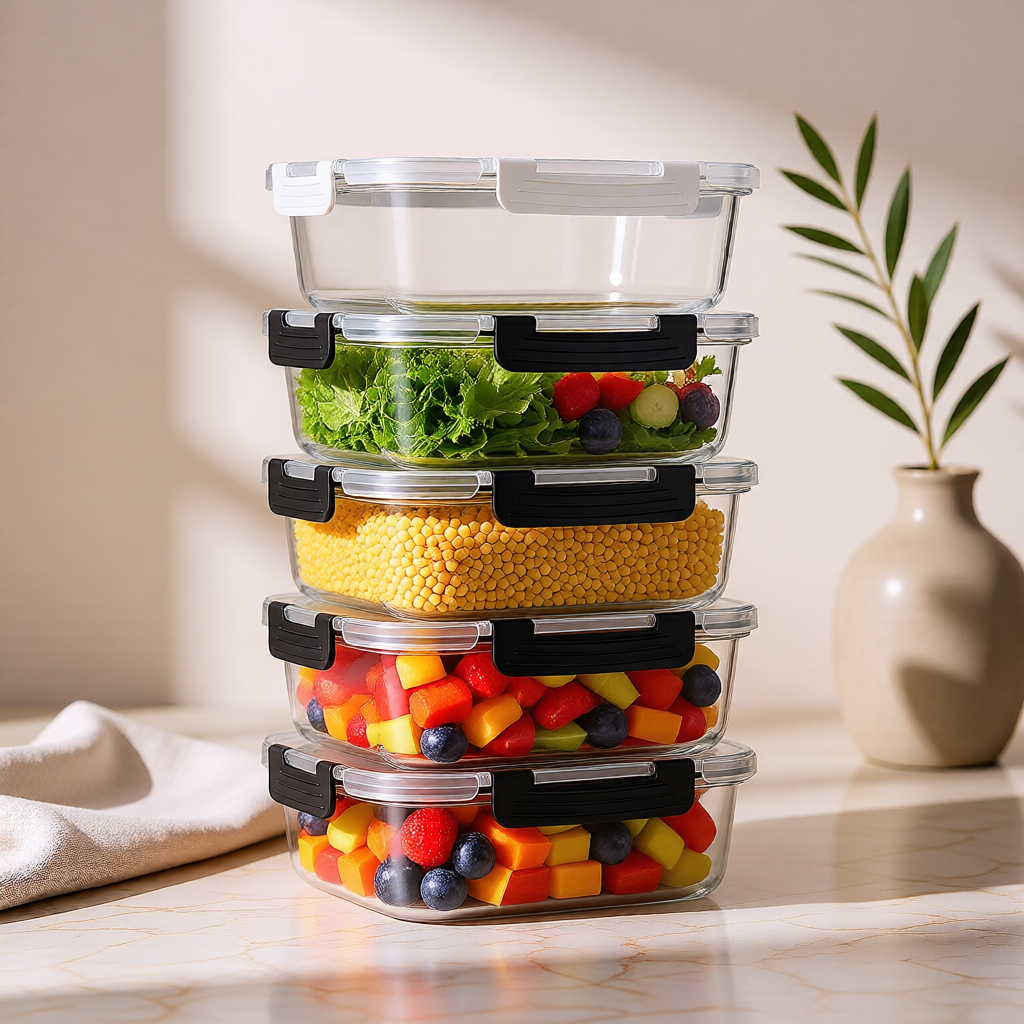 KH-AI Glass Food Storage Containers with Airtight Lids – Set of 5, Meal Prep Boxes - 0