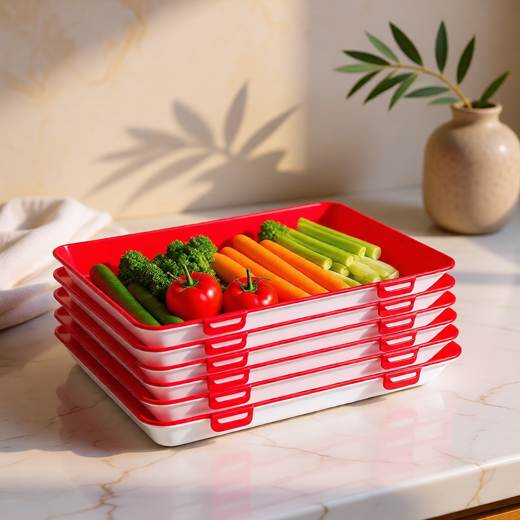KH-AI Reusable Stretch-Lid Fridge Storage Trays – Set of 6, Stackable Food Keeper - 0