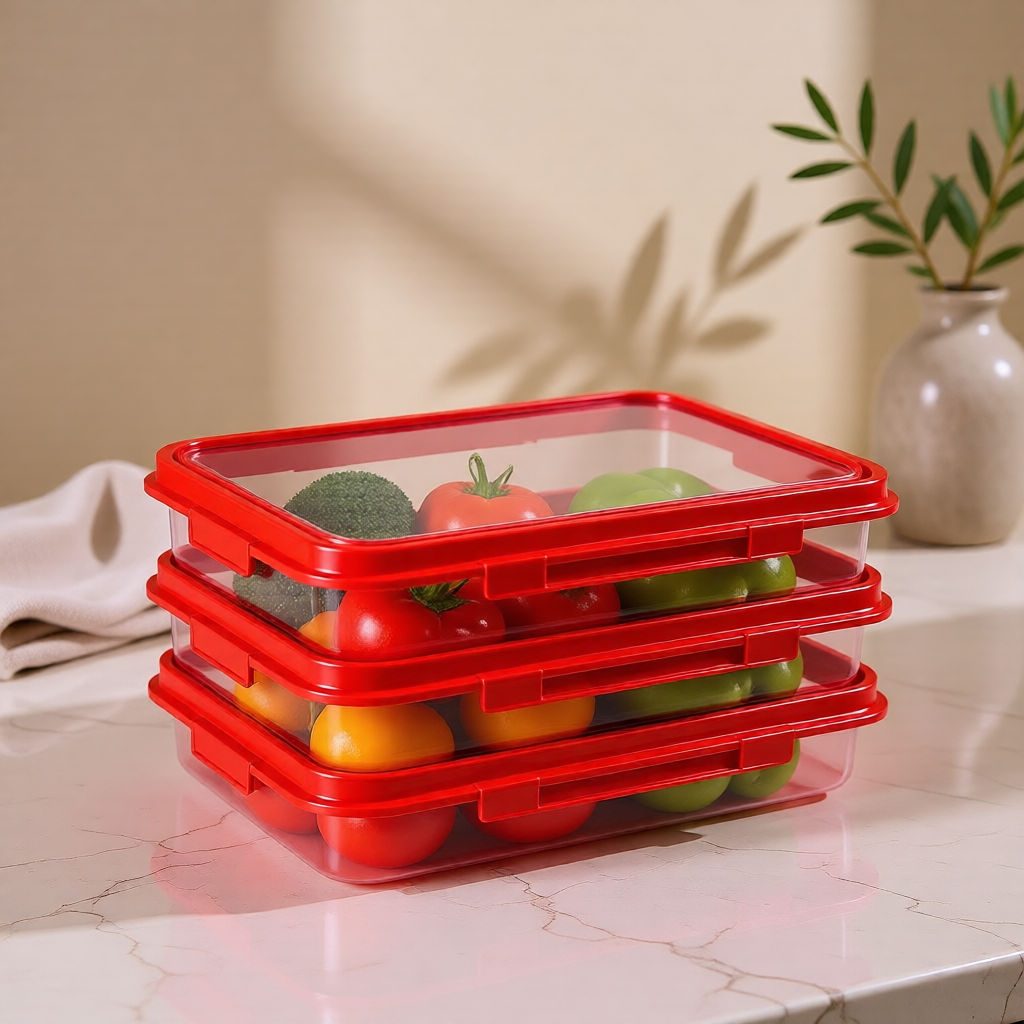 KH-AI Reusable Stretch-Lid Fridge Storage Trays – Set of 6, Stackable Food Keeper - 1