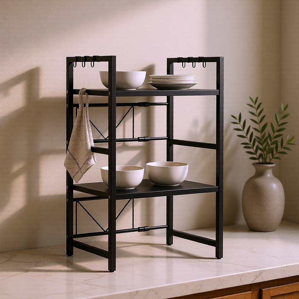 KH-AI Extendable Microwave Shelf Rack with Hooks – Adjustable Kitchen Worktop Organiser, Black - 0