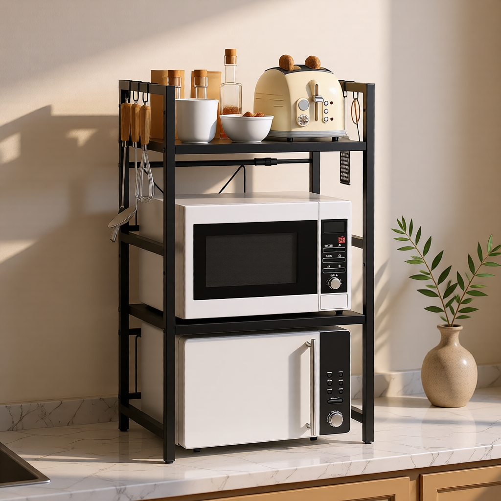 KH-AI Extendable Microwave Shelf Rack with Hooks – Adjustable Kitchen Worktop Organiser, Black - 1