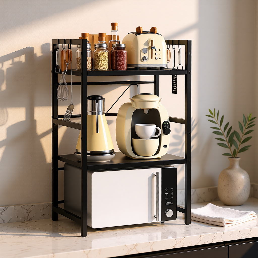 KH-AI Extendable Microwave Shelf Rack with Hooks – Adjustable Kitchen Worktop Organiser, Black - 2