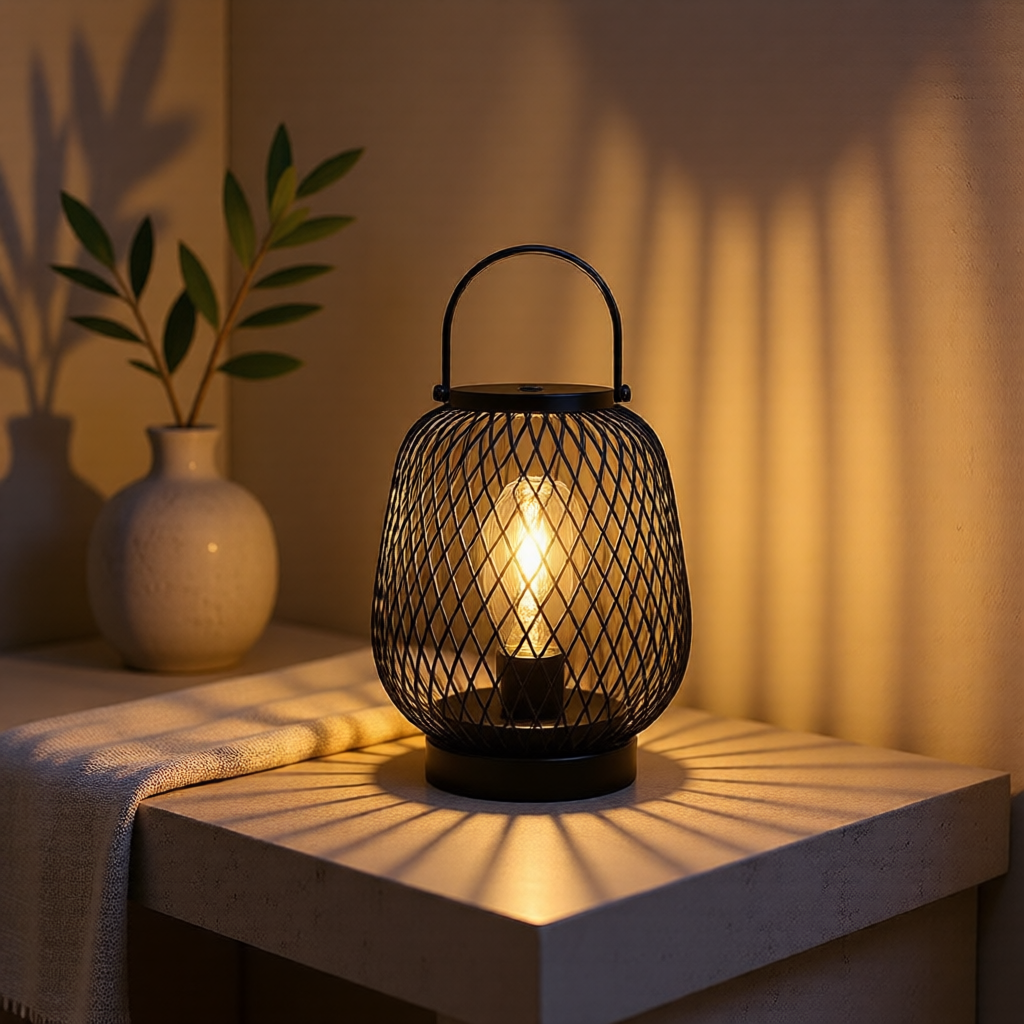 KH-AI Cordless Metal Cage Table Lamp – Vintage Battery Lantern, Warm White, Black - 1