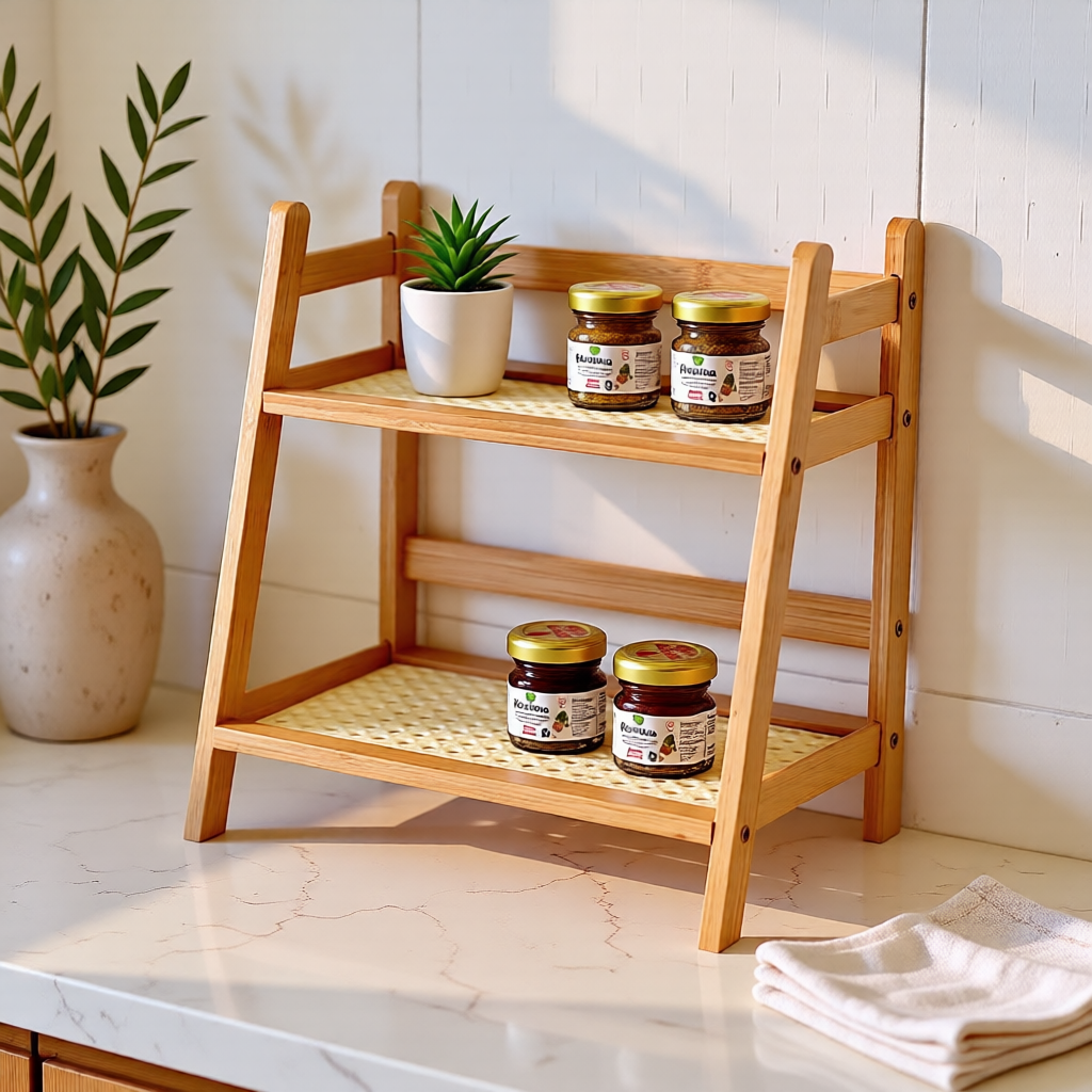 KH-AI 2-Tier Wooden Countertop Shelf – Kitchen Spice & Worktop Organiser Rack - 0