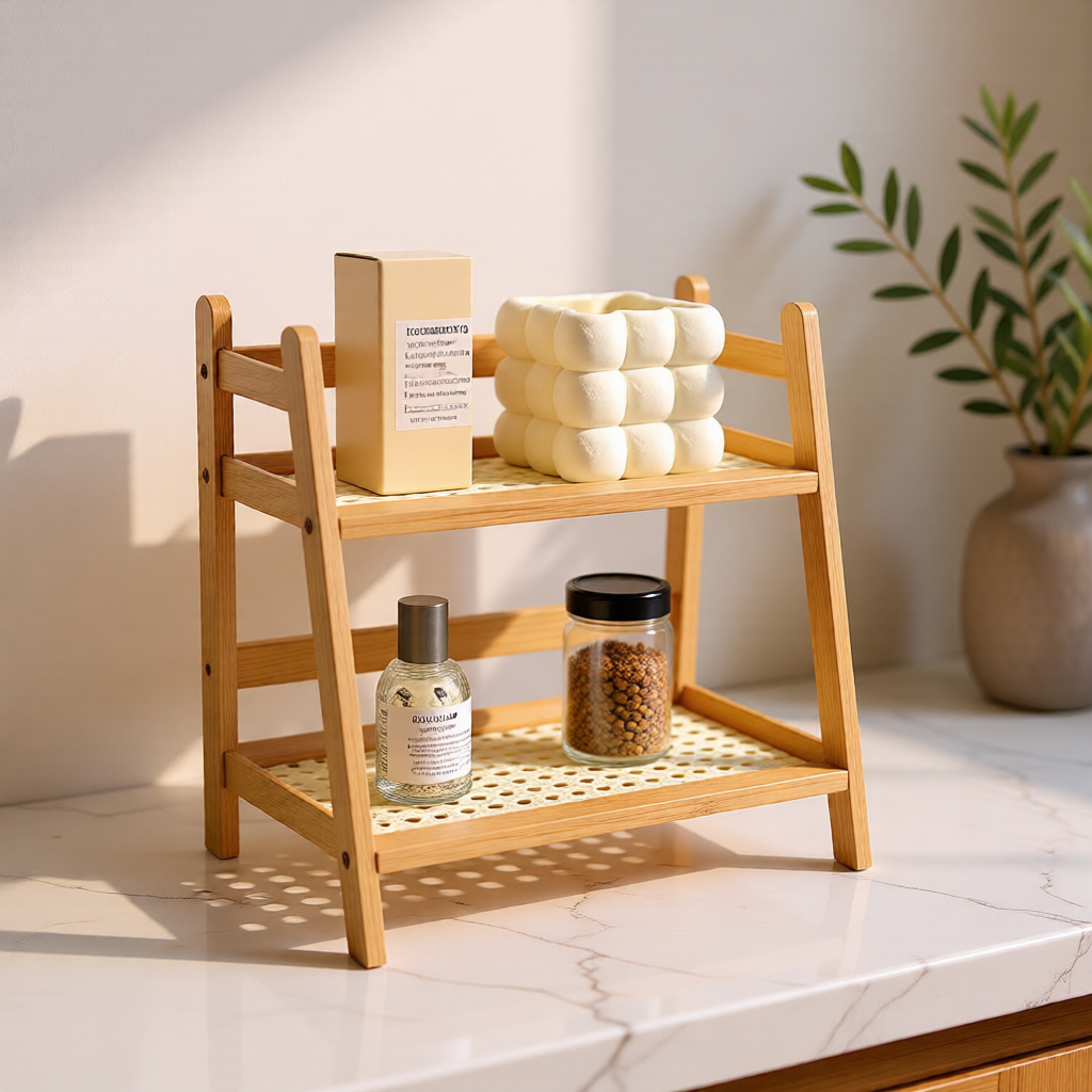 KH-AI 2-Tier Wooden Countertop Shelf – Kitchen Spice & Worktop Organiser Rack - 1