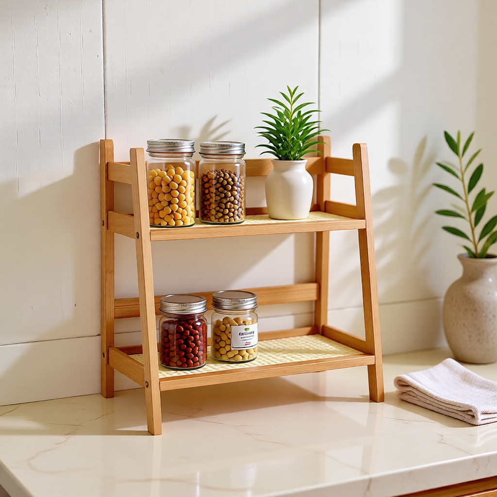 KH-AI 2-Tier Wooden Countertop Shelf – Kitchen Spice & Worktop Organiser Rack - 2