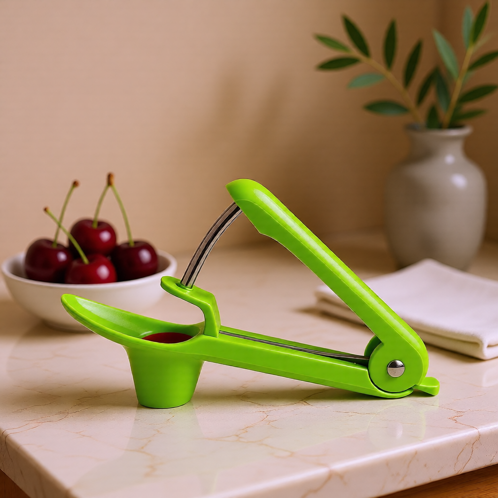 KH-AI Stainless Steel Cherry Pitter & Stoner – Handheld Fruit Stone Remover, Green - 2