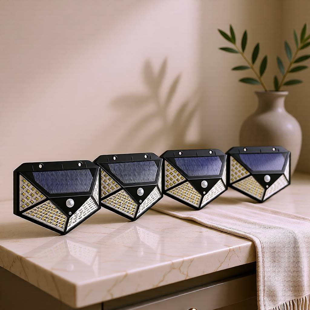 KH-AI Solar Motion Sensor Security Lights – 4 Pack, 100 LED Outdoor Wall Lights, Black - 0