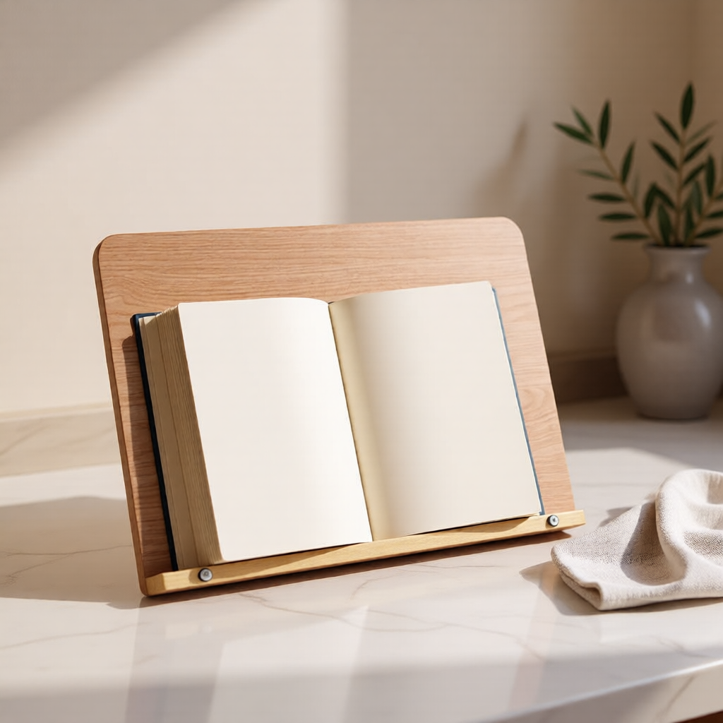 KH-AI Adjustable Wooden Cookbook Stand – Folding Recipe Holder & Reading Rest with Page Clips - 0