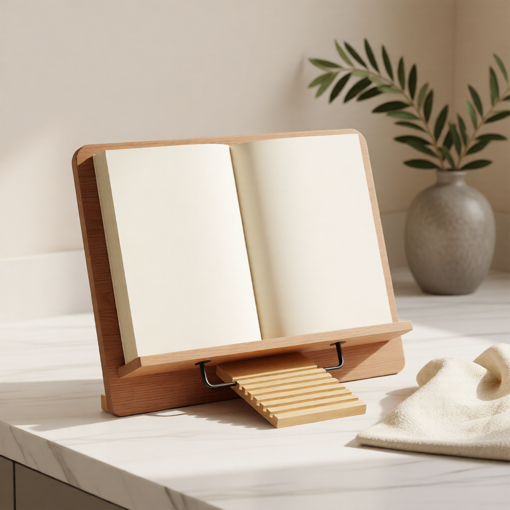 KH-AI Adjustable Wooden Cookbook Stand – Folding Recipe Holder & Reading Rest with Page Clips - 1
