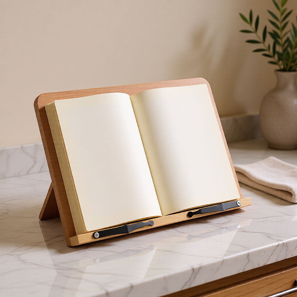 KH-AI Adjustable Wooden Cookbook Stand – Folding Recipe Holder & Reading Rest with Page Clips - 2