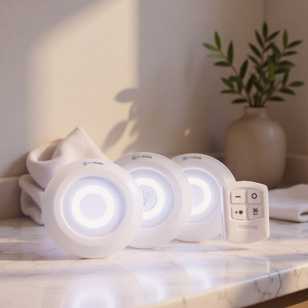 KH-AI Stick-On LED Spotlights with Remote – 3 Pack, Battery Cupboard & Shelf Lights - 0