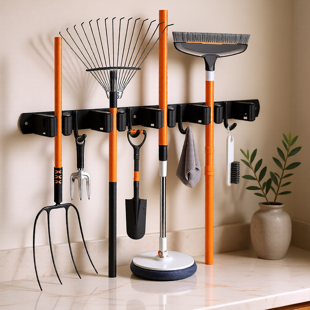KH-AI Wall-Mounted Broom & Mop Holder – 5 Slots and 4 Hooks, Stainless Steel Utility Rack, Black - 0