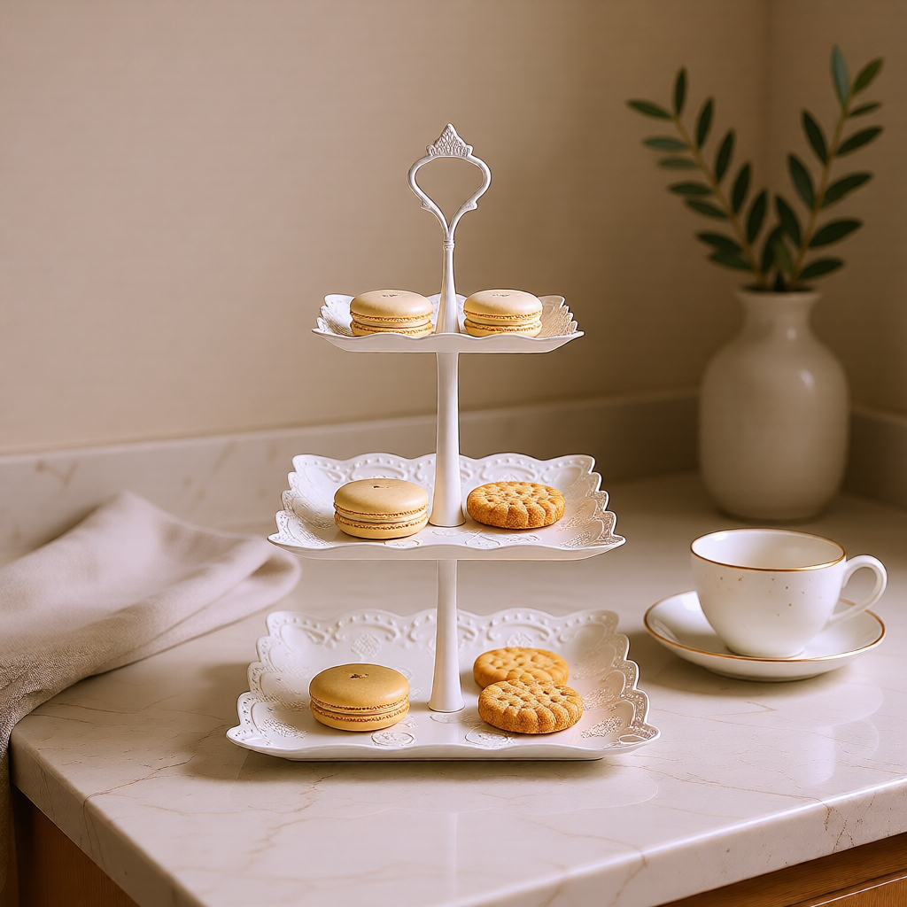 KH-AI 3-Tier Square Cake Stands – Set of 2, White Afternoon Tea & Dessert Stands - 1
