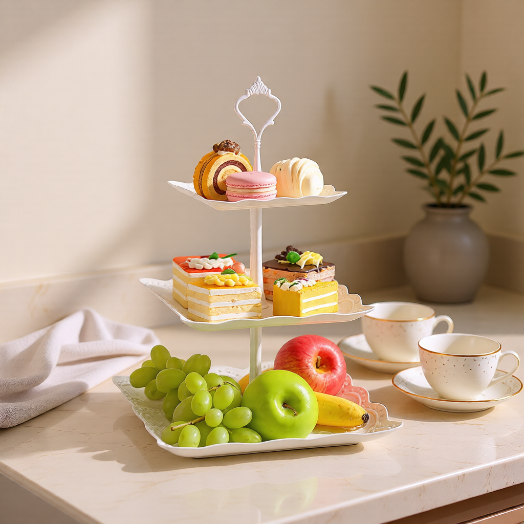 KH-AI 3-Tier Square Cake Stands – Set of 2, White Afternoon Tea & Dessert Stands - 2