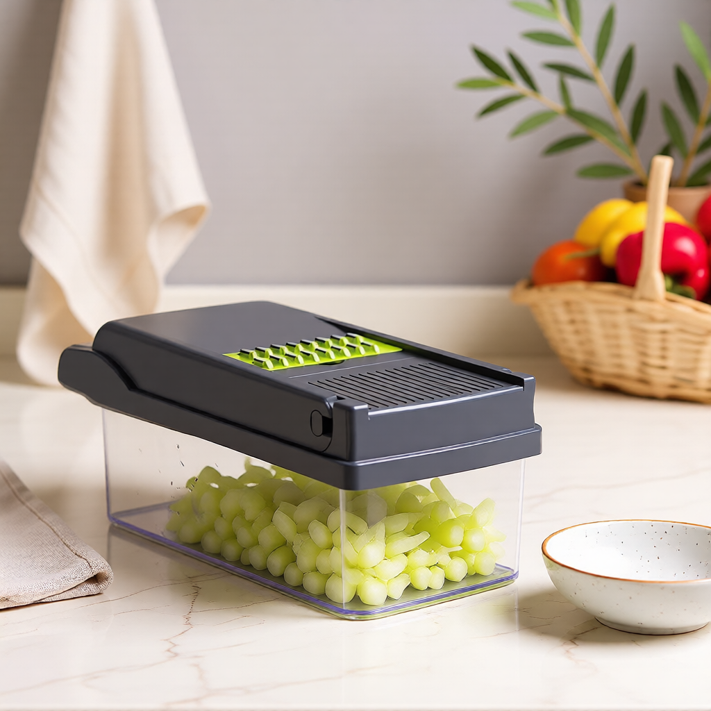 KH-AI Multi-Blade Vegetable Chopper & Slicer with 1.5L Container – Dicer, Grater & Peeler Set, Grey - 0