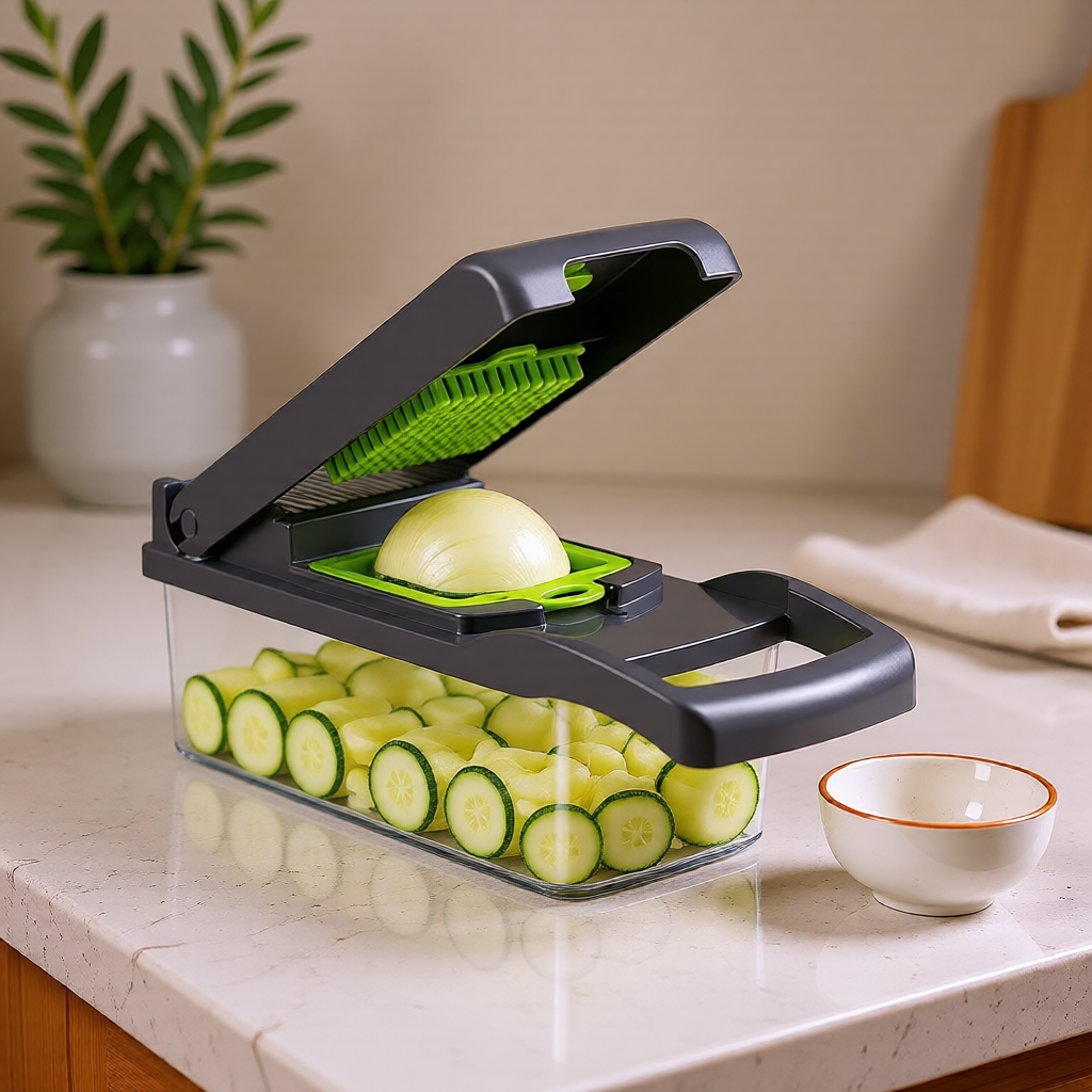 KH-AI Multi-Blade Vegetable Chopper & Slicer with 1.5L Container – Dicer, Grater & Peeler Set, Grey - 2