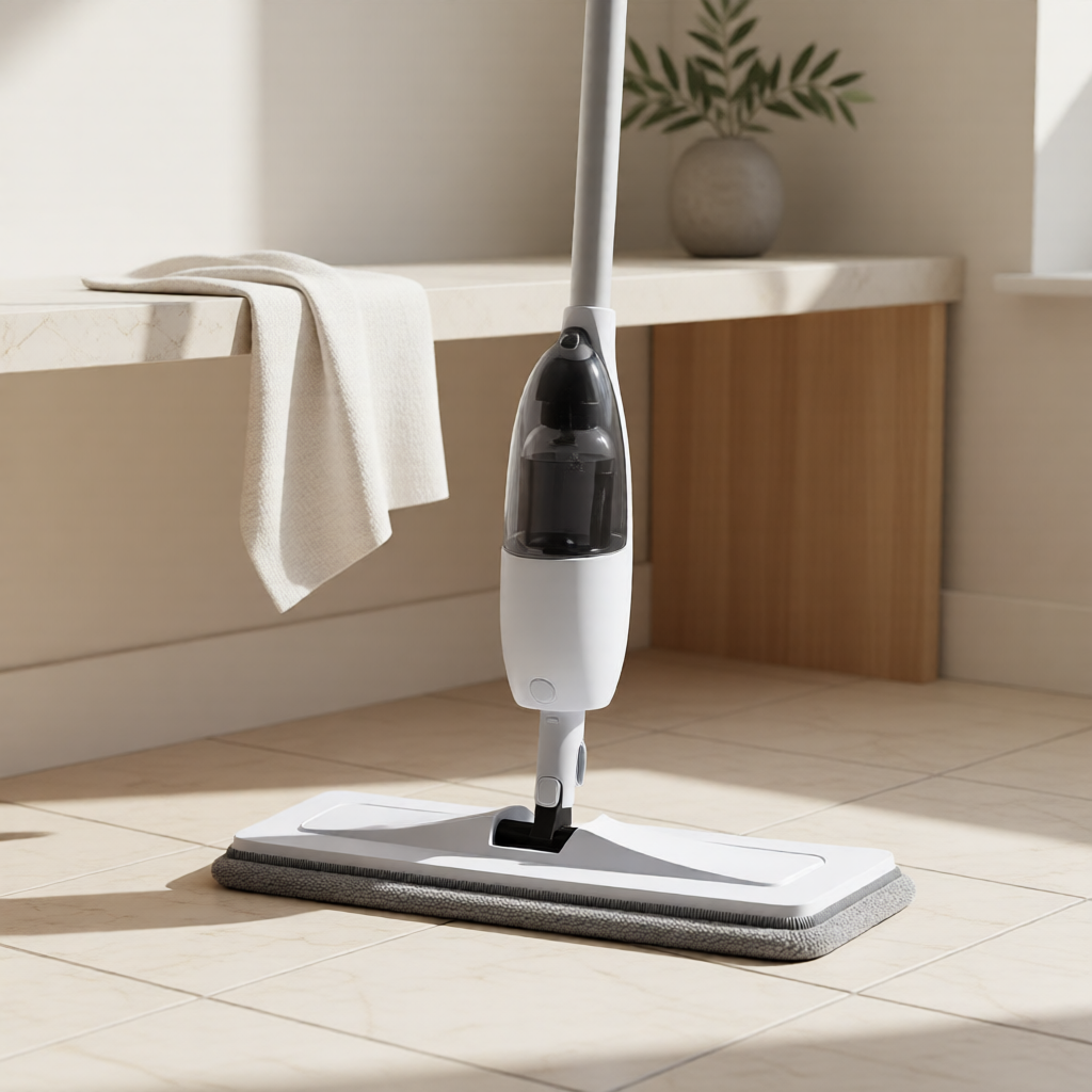 KH-AI Spray Mop with 2 Microfibre Pads – Refillable Spray Bottle, 360° Swivel Floor Mop, Grey - 0