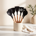 KH-AI 12-Piece Silicone Kitchen Utensil Set – Non-Stick Safe Cooking Tools with Wooden Handles, Black - 0