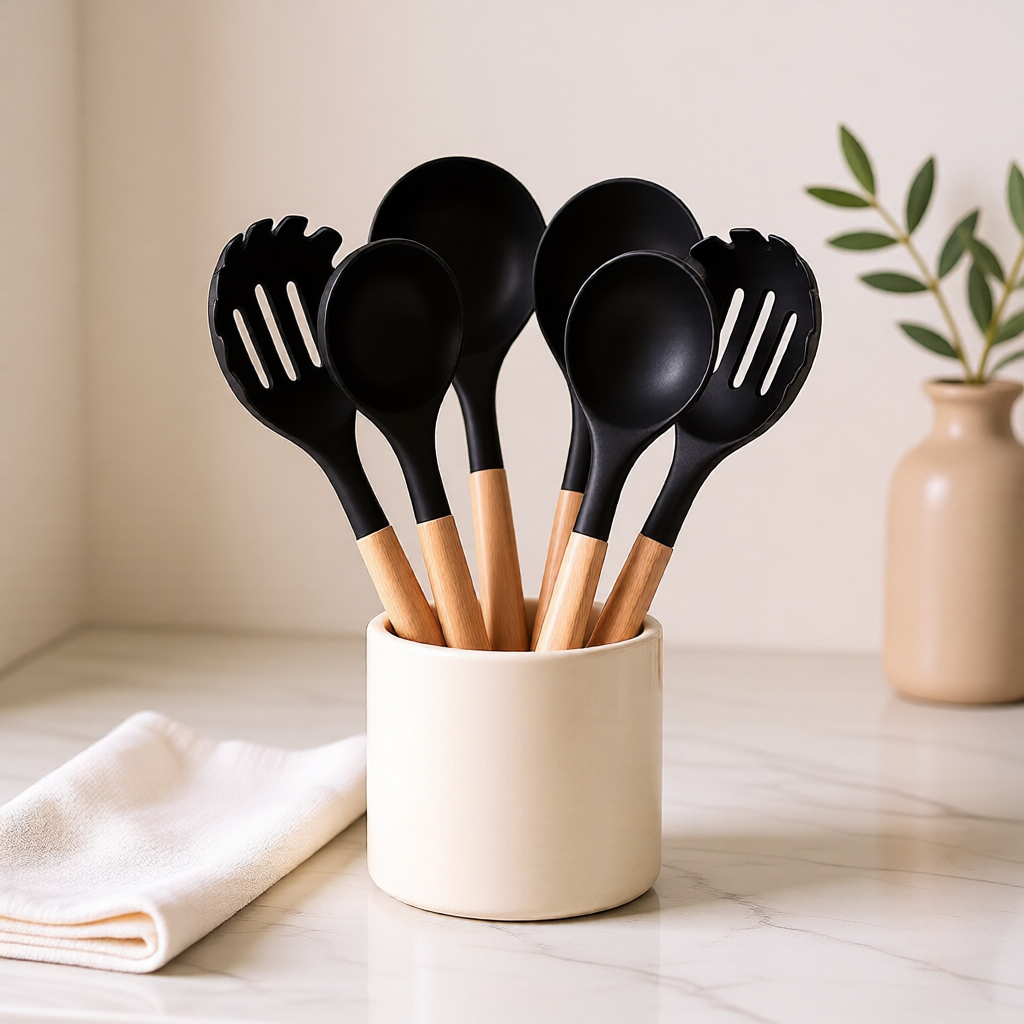 KH-AI 12-Piece Silicone Kitchen Utensil Set – Non-Stick Safe Cooking Tools with Wooden Handles, Black - 1