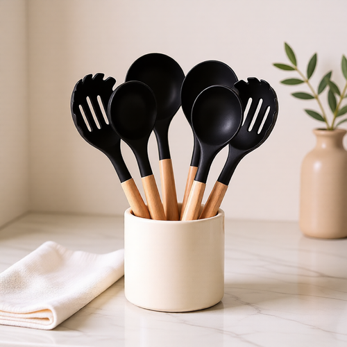 KH-AI 12-Piece Silicone Kitchen Utensil Set – Non-Stick Safe Cooking Tools with Wooden Handles, Black - 1