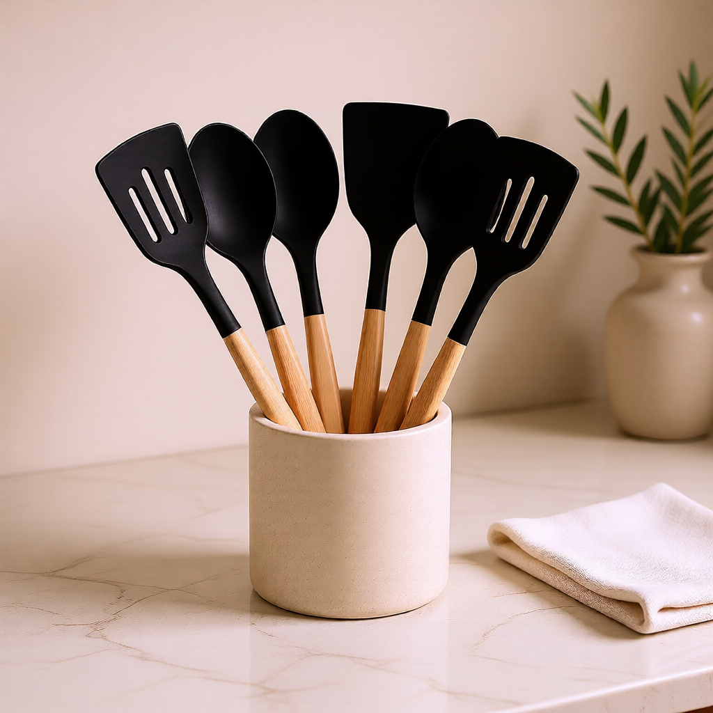 KH-AI 12-Piece Silicone Kitchen Utensil Set – Non-Stick Safe Cooking Tools with Wooden Handles, Black - 2