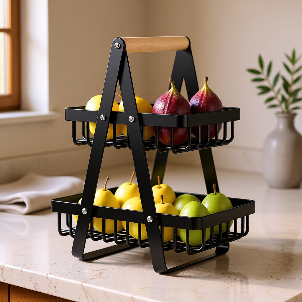 KH-AI 2-Tier Fruit Basket – Stainless Steel Worktop Fruit Bowl & Vegetable Rack, Detachable, Black - 0