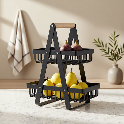 KH-AI 2-Tier Fruit Basket – Stainless Steel Worktop Fruit Bowl & Vegetable Rack, Detachable, Black - 2