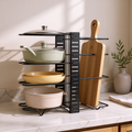 KH-AI Adjustable 8-Tier Pan Organiser Rack – Cupboard Saucepan, Lid & Baking Tray Storage, Carbon Steel, Black - 0