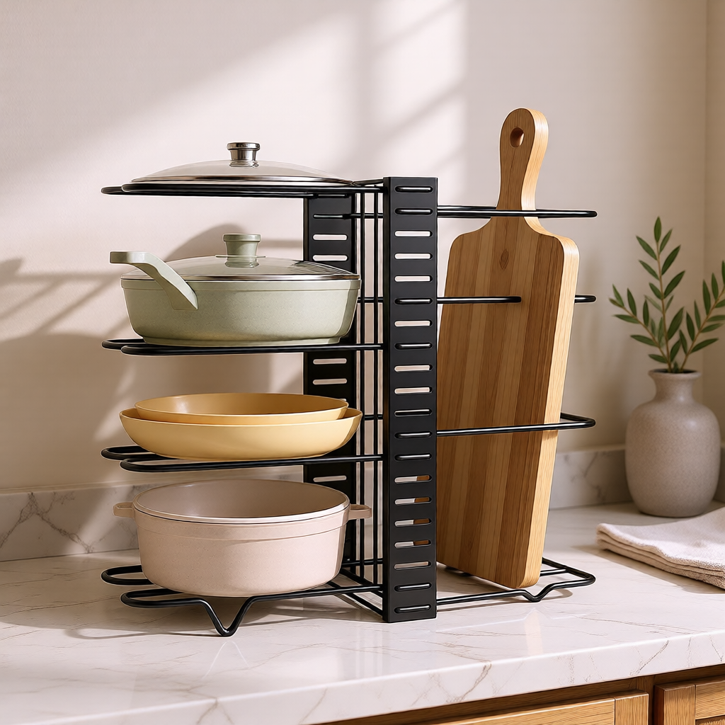 KH-AI Adjustable 8-Tier Pan Organiser Rack – Cupboard Saucepan, Lid & Baking Tray Storage, Carbon Steel, Black - 0