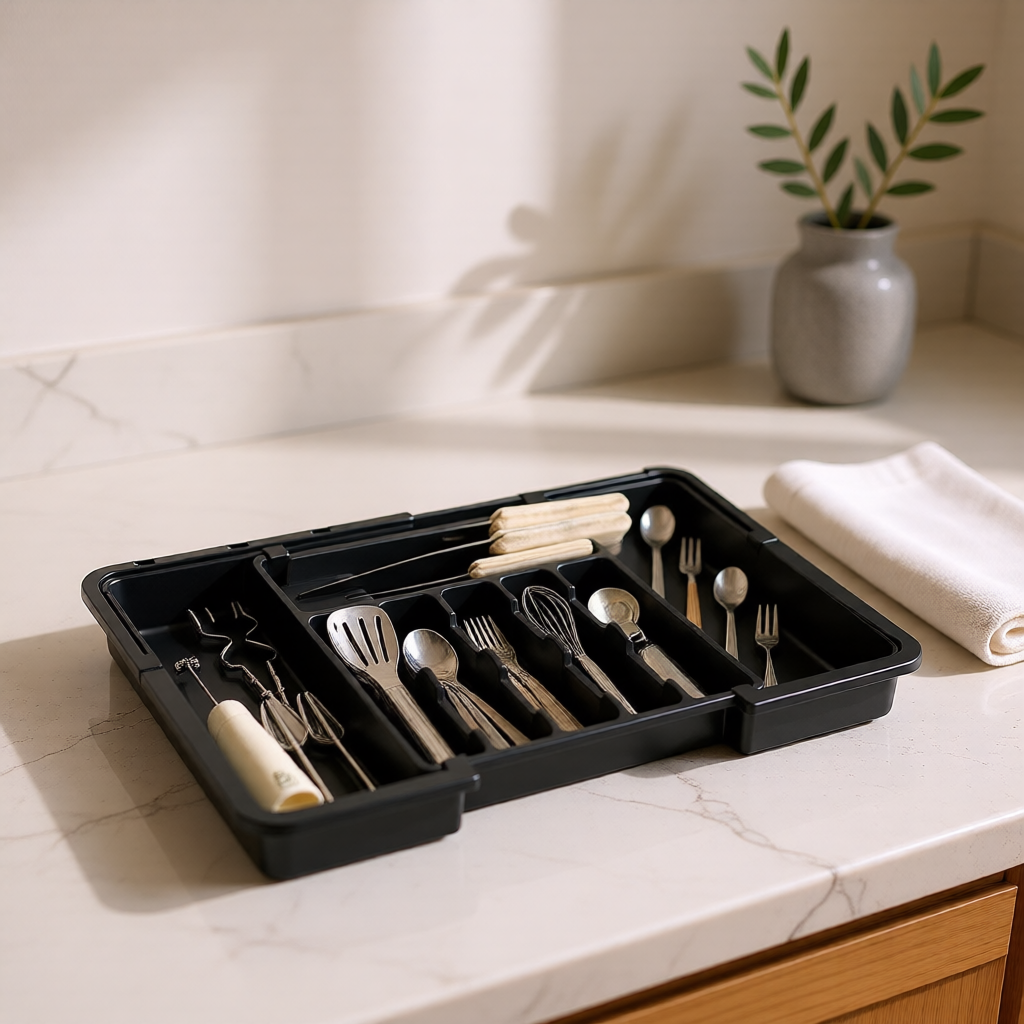 KH-AI Expandable Cutlery Drawer Organiser – 8-Compartment Adjustable Kitchen Utensil Tray - 0